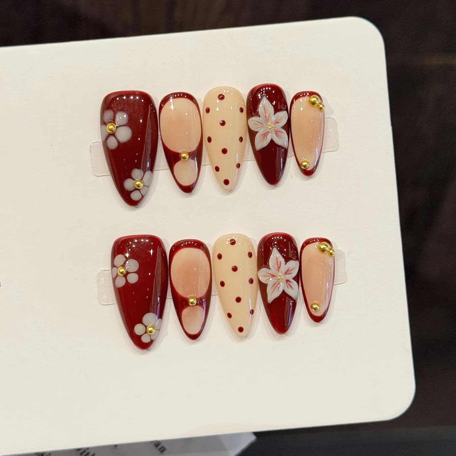 10 pieces handmade french red wine print on nails with white polka dots shape vintage 3d floral decoration white