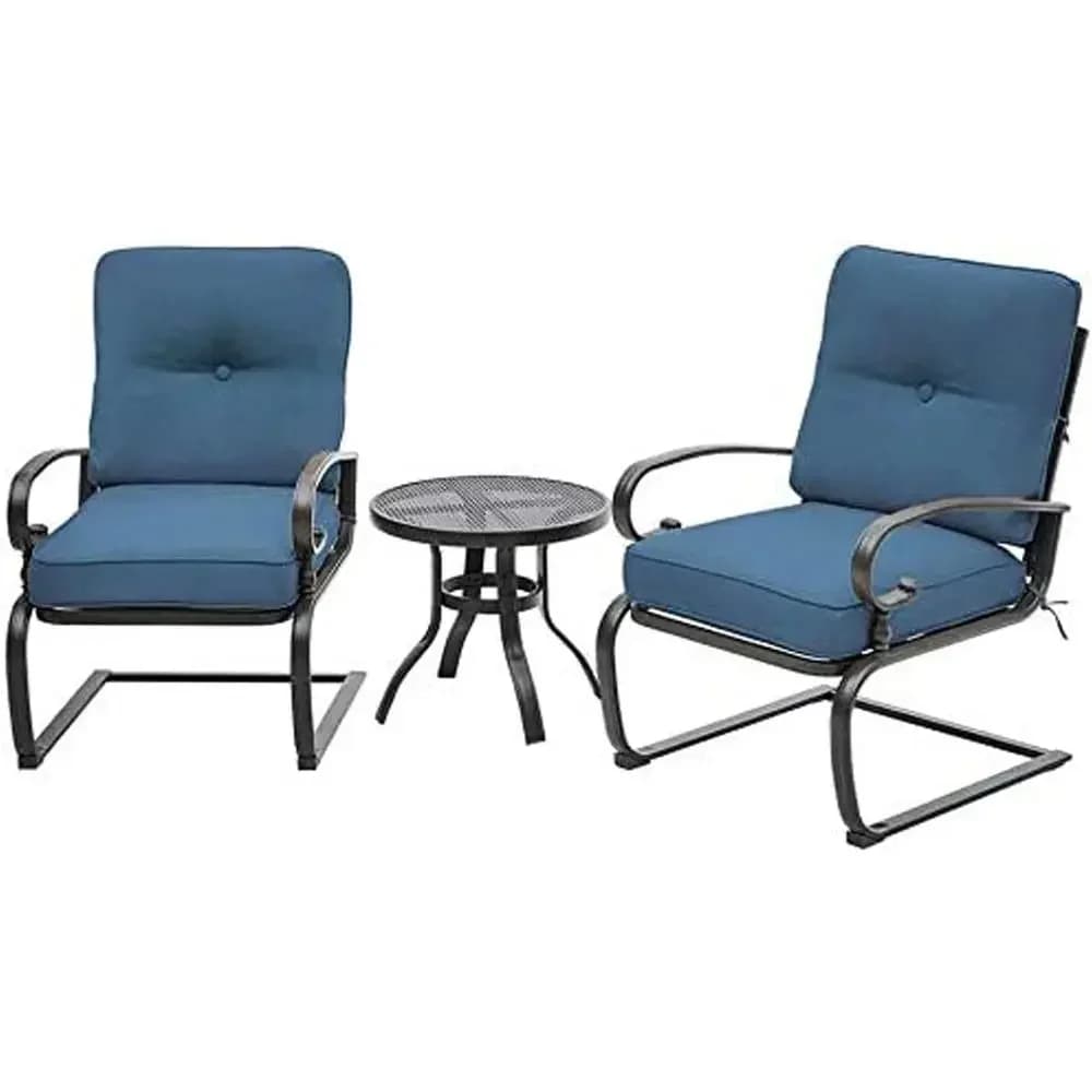 Patio Bistro Set with Metal Lounge Chairs and Cushioned Seats, Peacock Blue Wrought Iron Outdoor Furniture