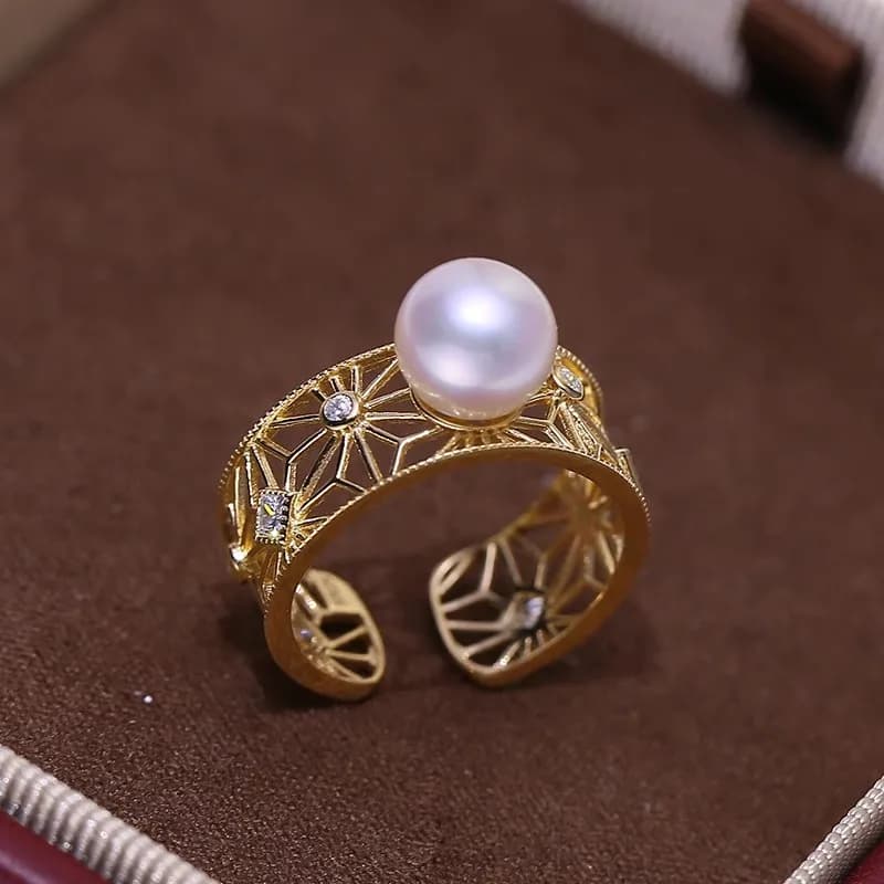 MeiBaPJ 8-9mm Natural Nearround Pearl Fashion Golden Ring DIY 925 Silver Support Set Fine Wedding Jewelry for Women