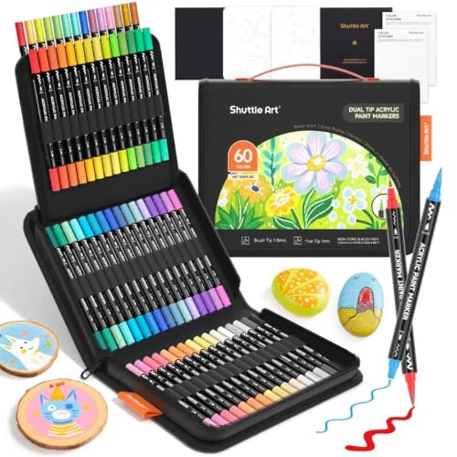 Dual Tip Acrylic Paint Markers, Brush Tip and Fine Tip Acrylic Paint Pens for Rock, Ceramic, Wood, Canvas, Plastic, Glass, Ston