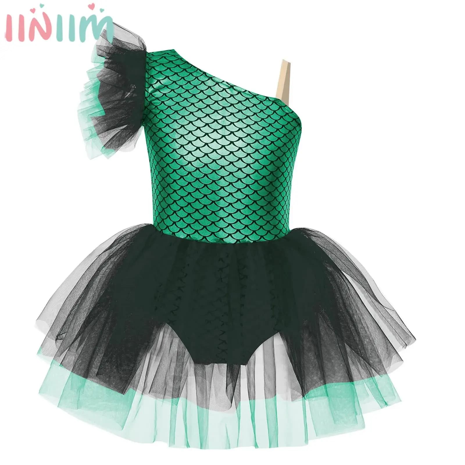 Bambini Ragazze Balletto Danza Pattinaggio di Figura Ginnastica Vestito Carnevale di Halloween Costume da Sirena Scaglie di Pesce Stampa Body in Maglia Tutu