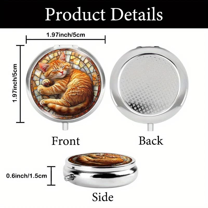 A Round, Portable, Flat Metal Pill Box with an Orange Cat Pattern Playing in Stained Glass on the Box, Suitable for Organizing Daily Medications and Health Supplements. Perfect for Storing Vitamins and Other Essentials. It Is an Ideal Gift for Father's Day or Independence Day.