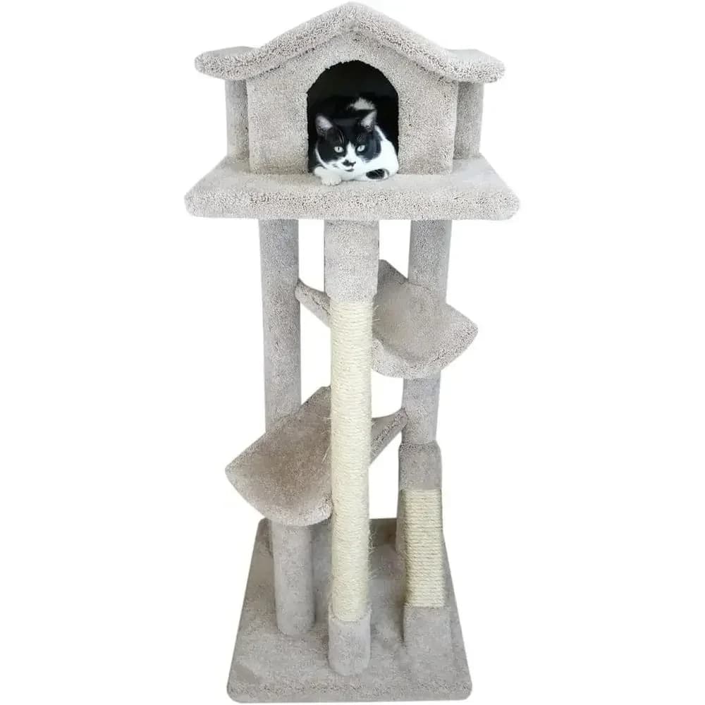 Large Cat Tree with Multiple Sturdy Levels, Scratching Posts, Beige - 24 x 24 x 67