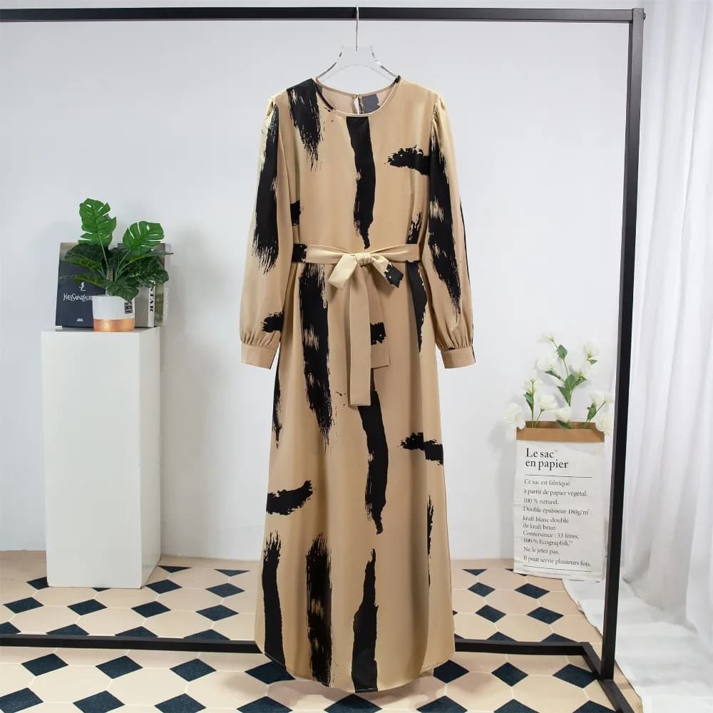 Ramadan Maxi Dress Women's Dress Casual Dress with Belt Fashion Full Sleeve A-line loose or-neck printed long Muslim dresses