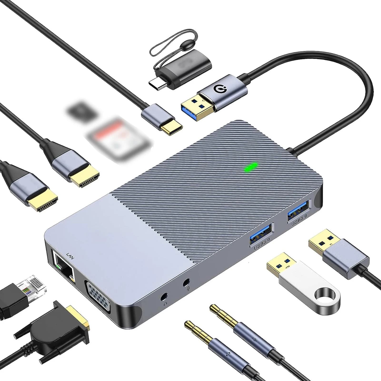 Hub USB 11-in-1 con triplo display, dock con slot VGA e LAN, splitter per cuffie USB 3.0, estensori, docking station multiporta per laptop