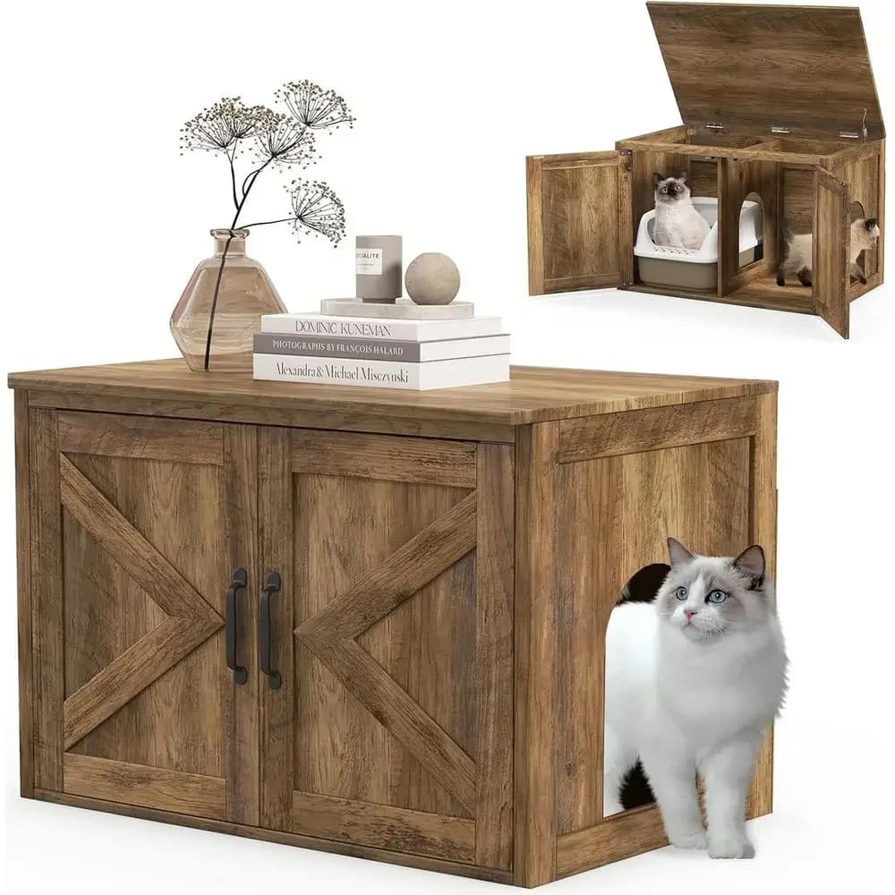 Hidden Cat Litter Box Enclosure with Barn Door, Side Entry, and Inner Divider in Brown