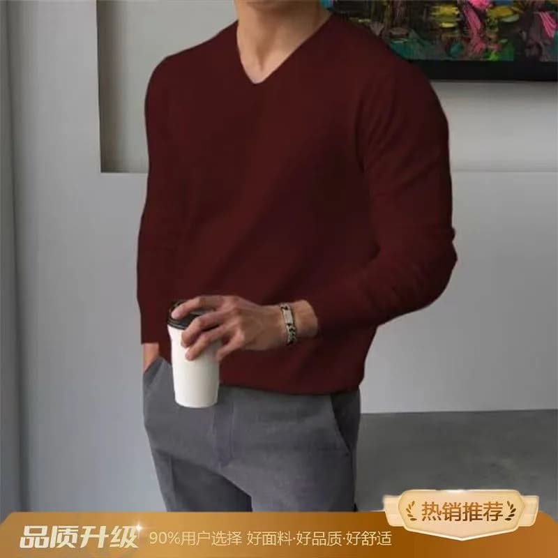 Men's Solid V-Neck Knitted Sweater Soft Smooth Casual Simple Business Basic Pullover Lightweight Outdoor Daily Bottoming Shirt