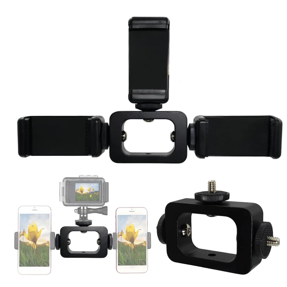 Supporto 3 in 1 per fotocamera, flash, telefono e live streaming, compatibile con GoPro e selfie camera.