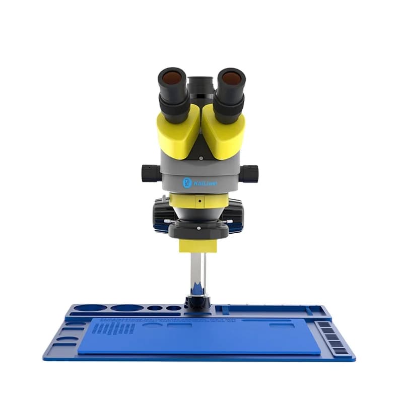 Kalliwei K10HTB 7-45X Microscopio trinoculare con zoom stereo con base in gomma con base grande in metallo giallo per la riparazione di telefoni cellulari