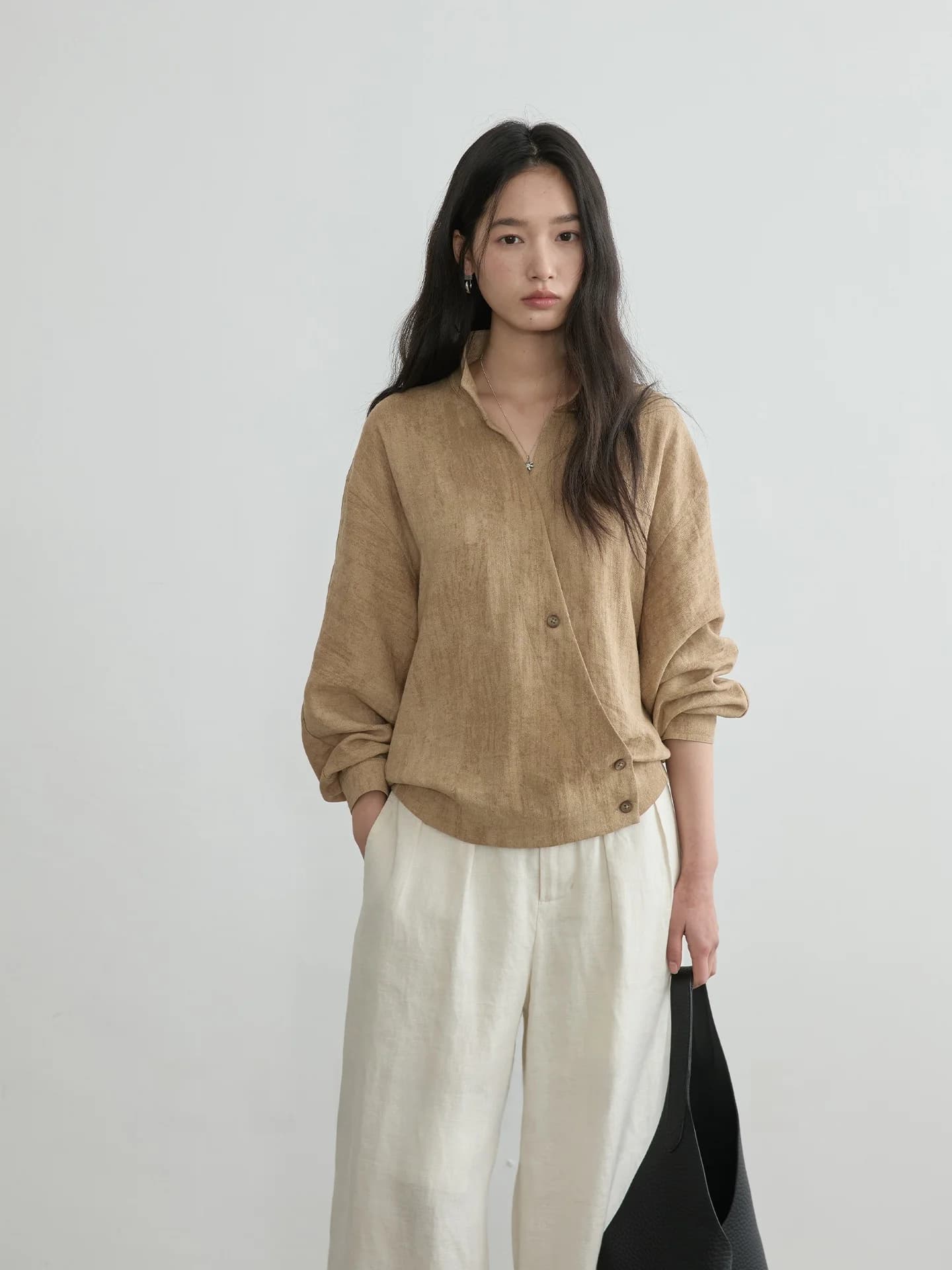 Clipette Spring Season Gradient Linen Long Sleeve Shirt Women's Loose Fit Comfortable Breathable Lazy Stand Collar Blouse