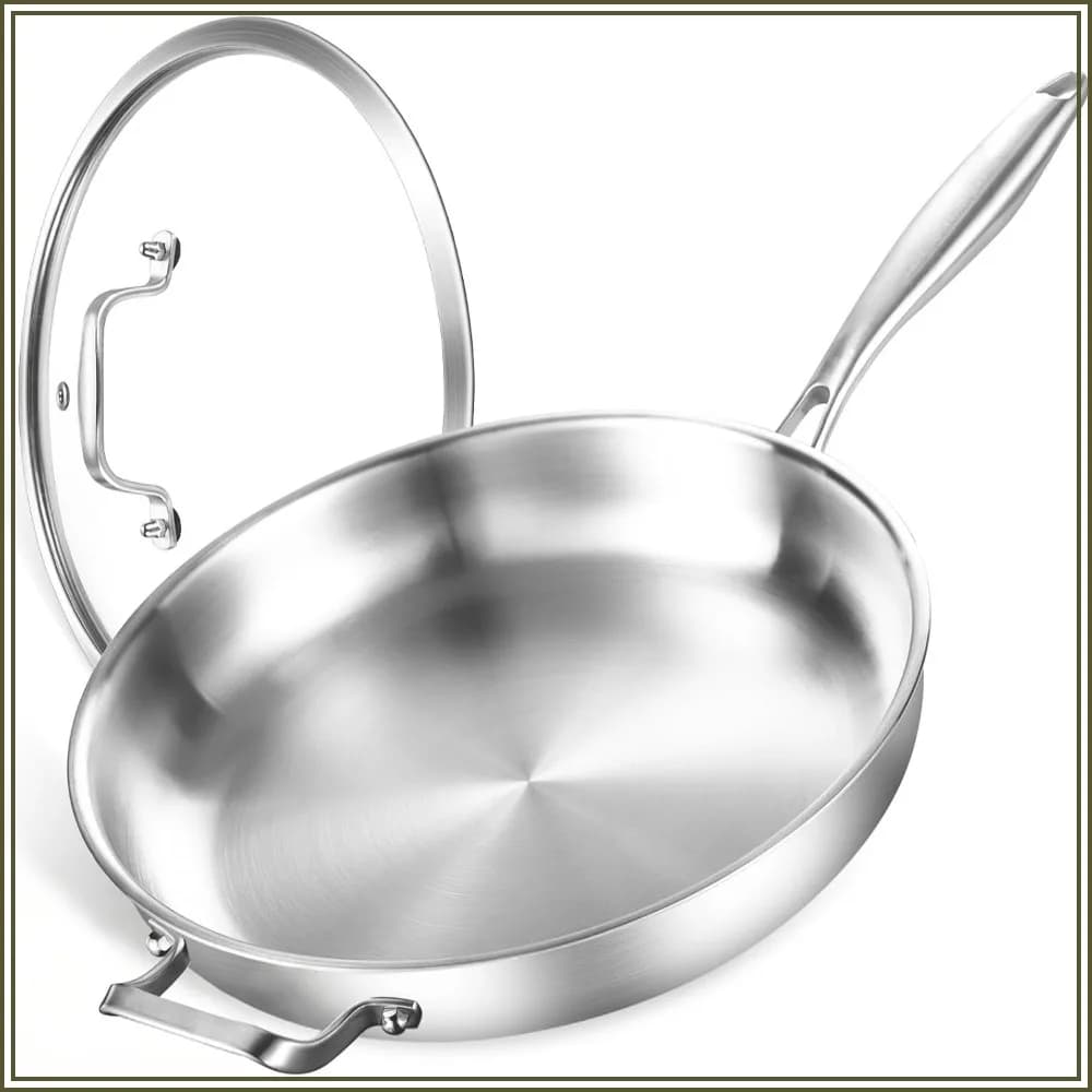 14-Inch Stainless Steel Frying Pan with Lid, Heavy Duty, Fast & Even Heating, Oven Safe up to 650℉, Dishwasher Safe, PTFE & PFOA Free