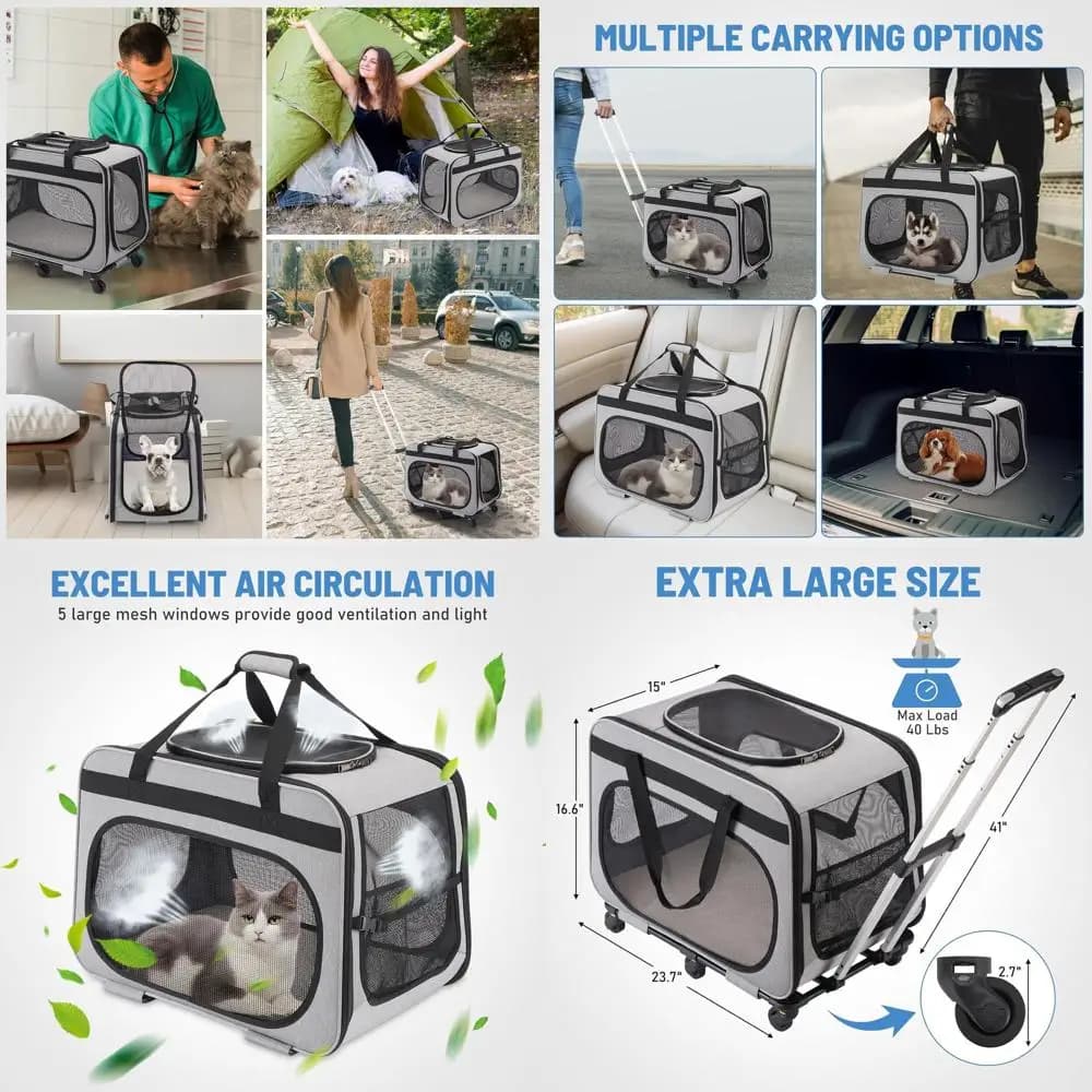 Grande trasportino per animali domestici con ruote per cani e gatti, fino a 4 gatti, supporti 40 libbre, grigio