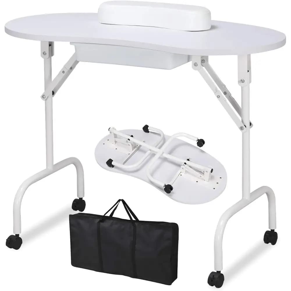 Tavolo da manicure portatile e pieghevole da 37 pollici con ampia base/supporto per il polso del cliente/ruote controllabili/borsa per il trasporto