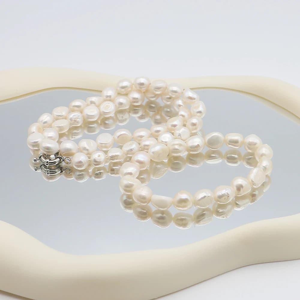 Set di Gioielli Classico con Collana e Bracciale di Perle Barocche Irregolari Naturali d'Acqua Dolce Bianche, con Foro Dritto, 1 Filo, Idea Regalo
