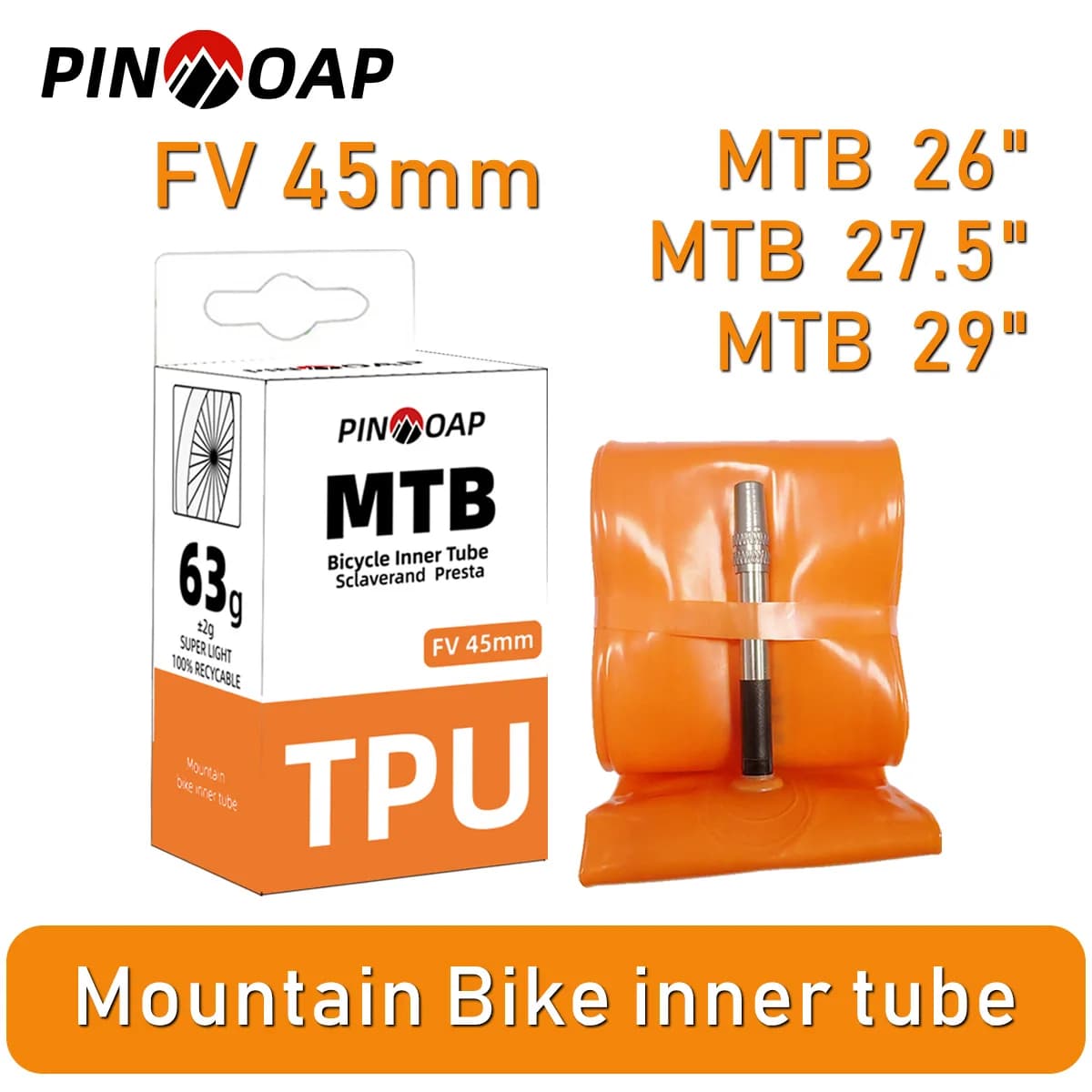 PINMOAP 45 mm mountain bike air chamber, ultralight in TPU, suitable for 26/27,5/29 inch mountain bike, an essential accessory for cycling.