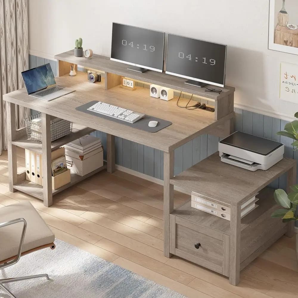 Scrivania angolare grigio cenere 60.4 con cassetto, presa di corrente, luce LED e supporto per monitor, ideale per gaming, ufficio o studio