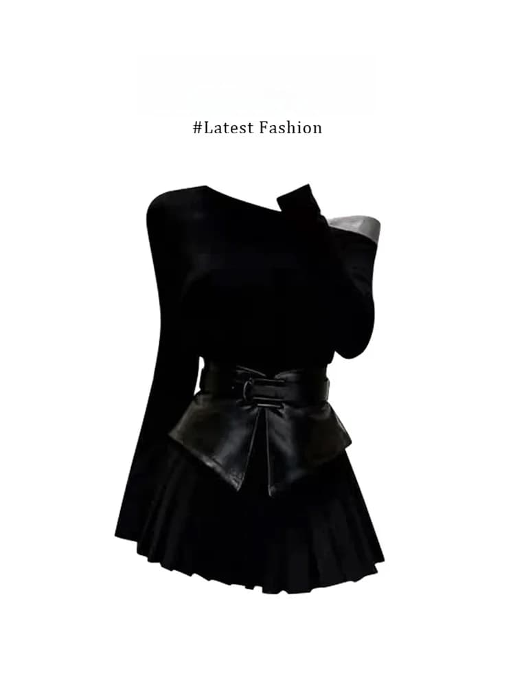 Hebe Style Black Asymmetrical Collar Long Sleeve Dress Women's Autumn Winter New Pure Desire Waist Cinching Slimming Pleated ...