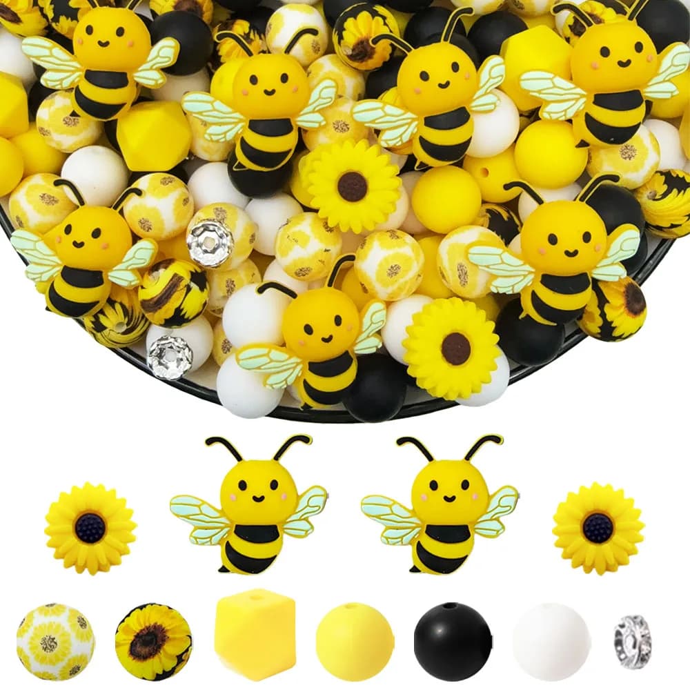 54PCS Bee Daisy Silicone Bead Set, perfect for DIY handmade crafts such as keychains, necklaces, bracelets, etc