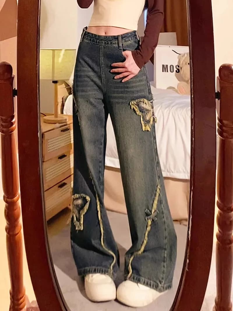 High Waist Straight Leg Zipper Side Embroidery Denim Jeans Women plus Size Loose Wide Leg Pants Casual Fashion