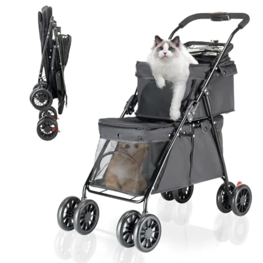 Passeggino doppio per cani e gatti di taglia media e piccola, telaio in acciaio resistente, nero, pieghevole con una sola mano, leggero, con doppia carriola