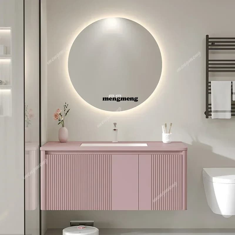 Mobile da Bagno Nordico Rosa, Design Moderno e Semplice, Specchio e Lavabo Combinati, Arredamento per Casa MueblesX