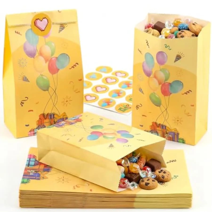 24 Pack Birthday Party Favor Bags with Stickers - 8.7"x4.7"x3.1" Festive Balloon and Gift Box Goodie Bags, Colorful Celebration