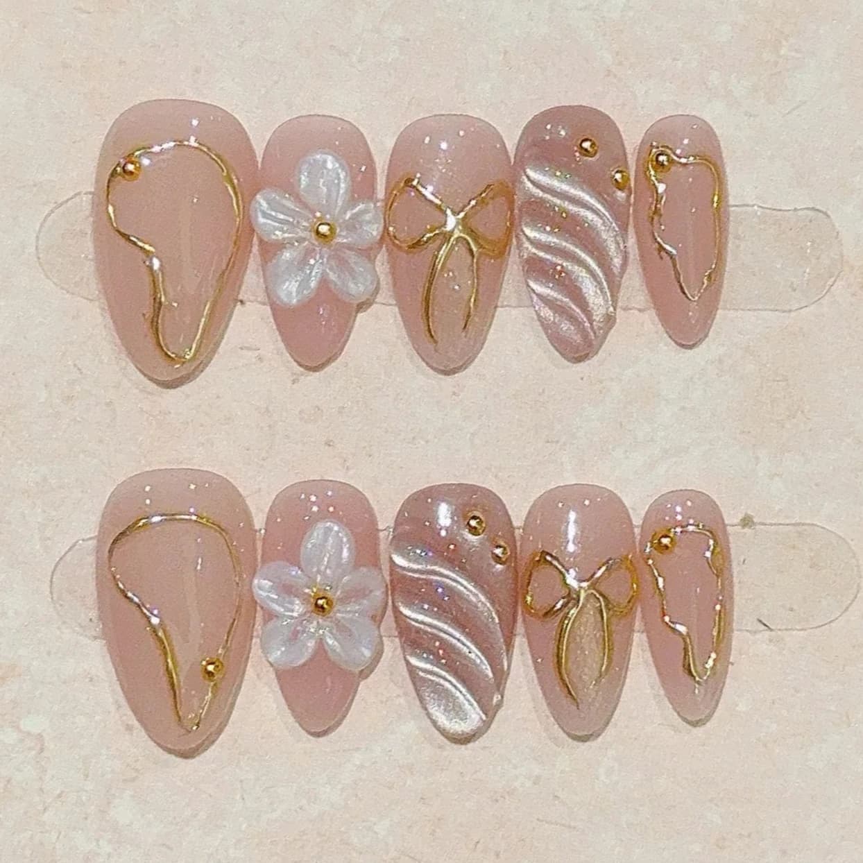 10 pieces pink nude print on nails golden strips design bow nail set stick-on reusable almond short 3D flora white French acrylic nails