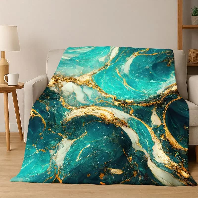 Lussuosa Coperta in Flanella Effetto Marmo Colorata Oro e Nero, Morbida e Calda, per Camera da Letto, Soggiorno, Viaggi e Picnic