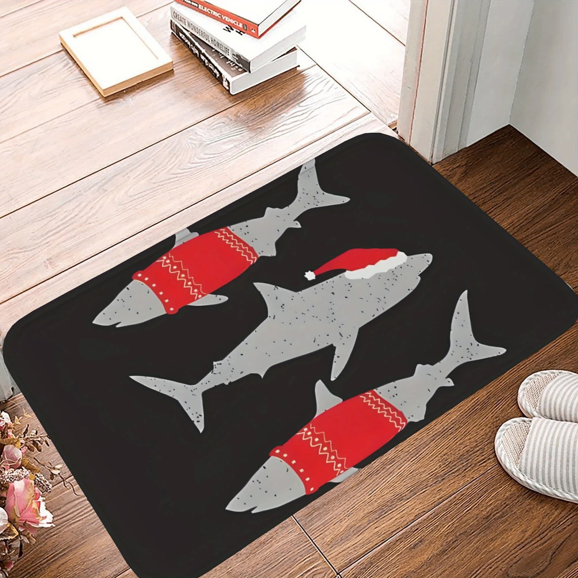 1PC Merry Cheistmas Sharks Kitchen Rug Non-Slip Door Mat Pop design Bathroom Rug Bath Mat Carpet for Home Sink Laundry Decor