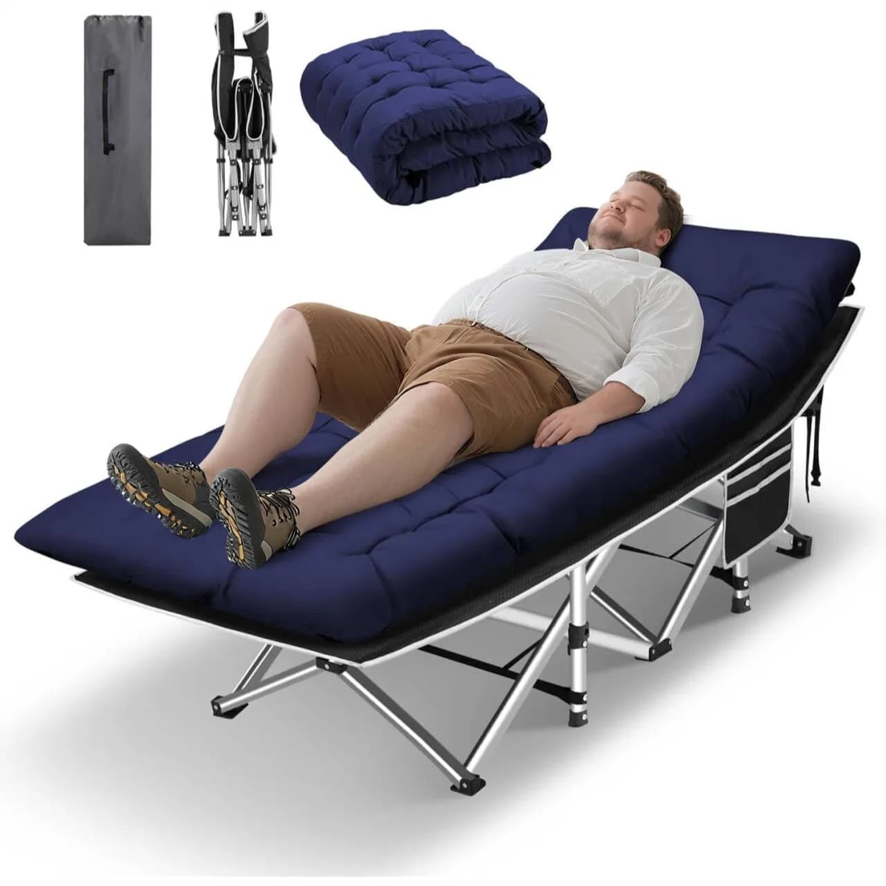 Lettino da campeggio per adulti, lettino pieghevole da 71 cm di larghezza, portata 272 kg, con materasso spesso e borsa per il trasporto, letto da campeggio portatile per esterni/ufficio