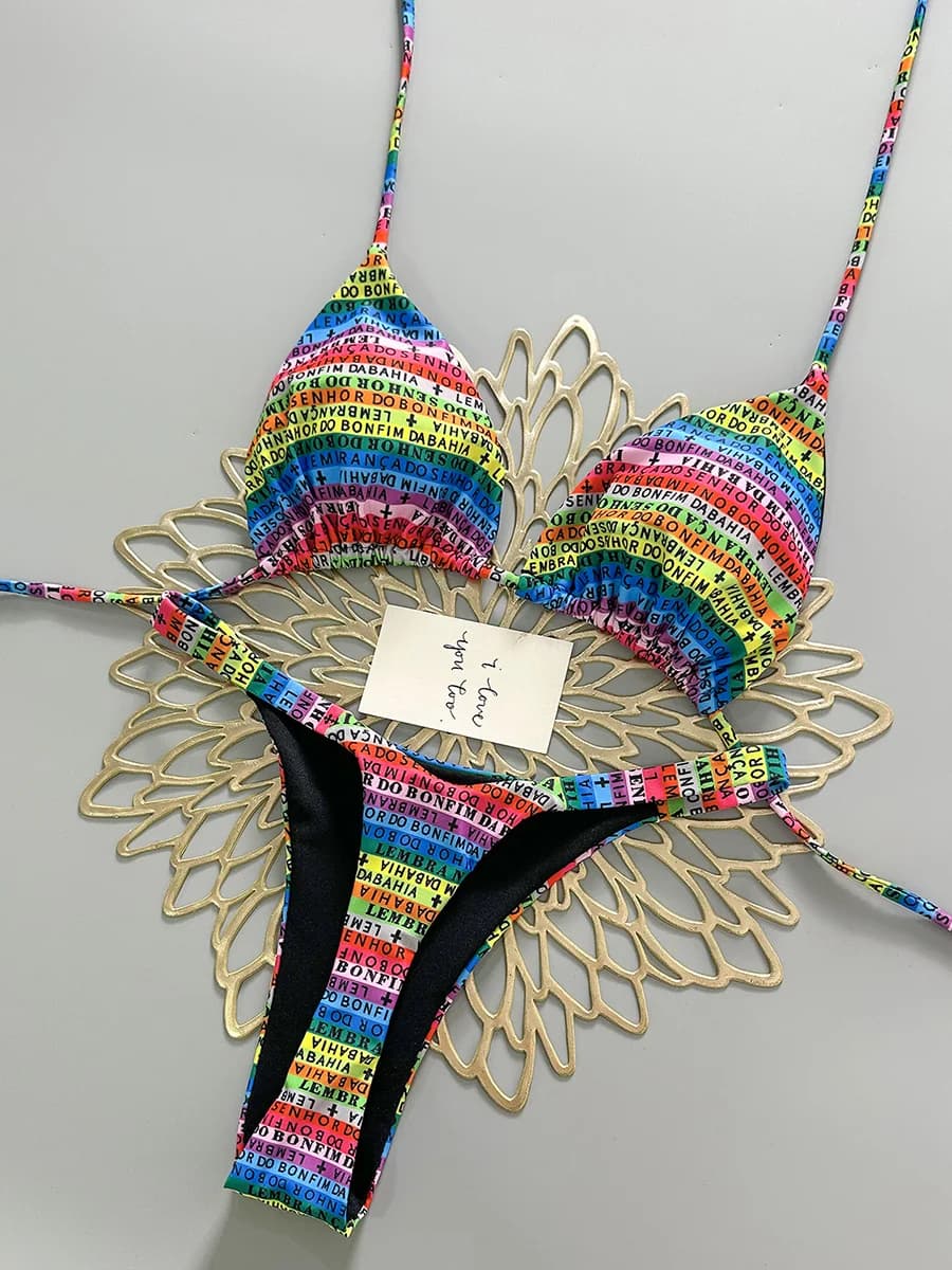 Bikini Micro Mini con Stampa di Lettere Colorate 2026, Costume da Bagno Femminile, Set Bikini Due Pezzi, Costume da Bagno per Donna