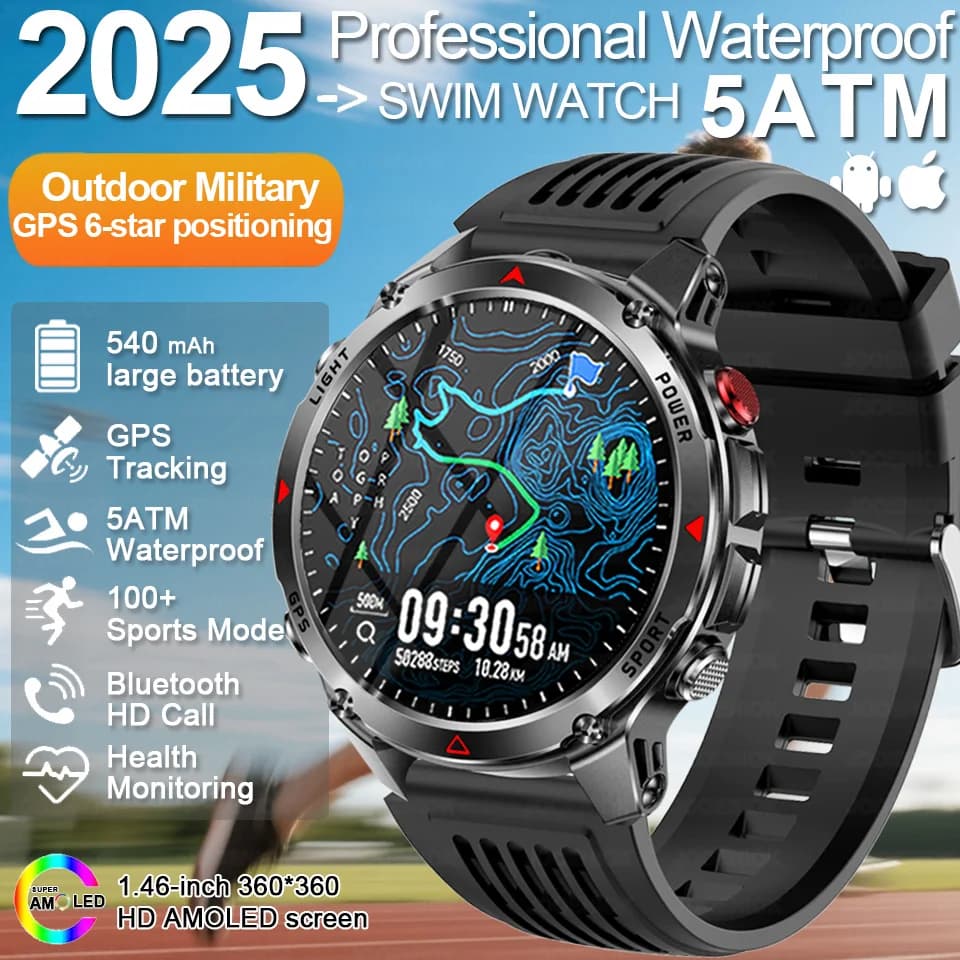 Sport all'aria aperta Astuto Della Vigilanza Degli Uomini GPS Incorporato Torcia A LED 540mAh Bussola Chiamata Bluetooth 5ATM Impermeabile Smartwatch Regalo 2025Nuovo