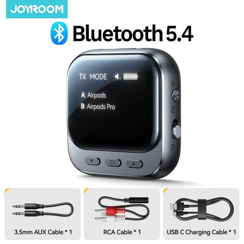 Joyroom Bluetooth 5.4 2-IN-1 transmitter and receiver with OLED Display for 2 Airpods or Headphones, Adapter Jack AUX 3.5MM, 400mAh