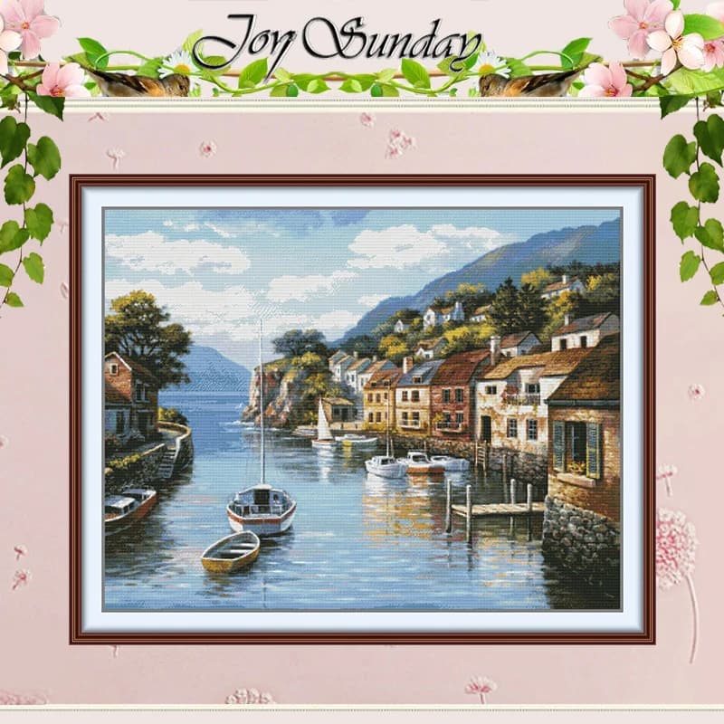 Seaside Scenery 4 Patterns Counted Cross Stitch Set DIY 11CT 14CT 16CT HD Stamped DMC Cross-stitch Kit Embroidery Needlework