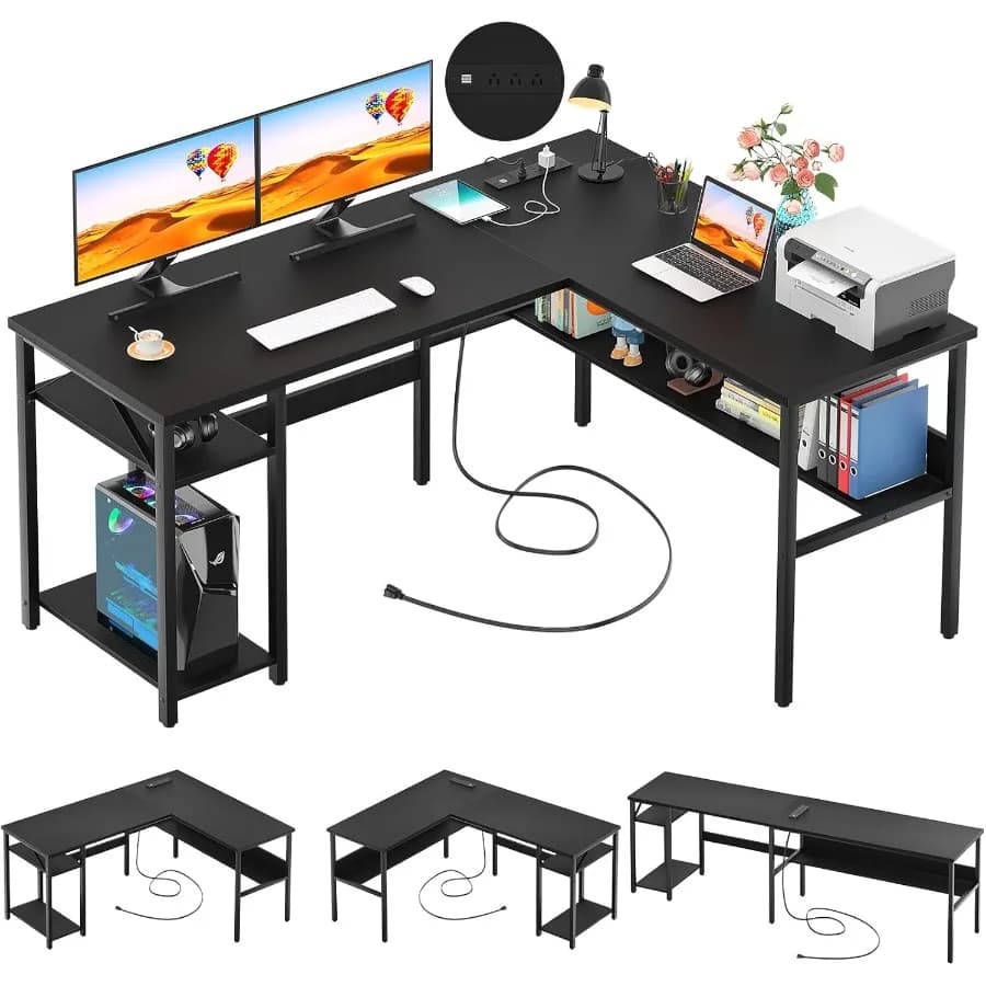 Scrivania reversibile a forma di L con prese di corrente magiche e porte di ricarica USB per l'home office e la configurazione di giochi Robusto computer ad angolo