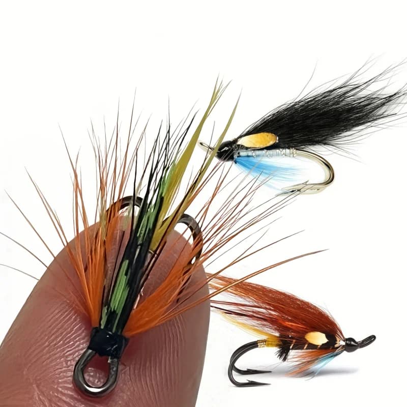 3 esche artificiali per la pesca a mosca del salmone, mosche umide a doppio amo, esche per la pesca di trote e persici nere/marroni/arancioni per acqua dolce e salata
