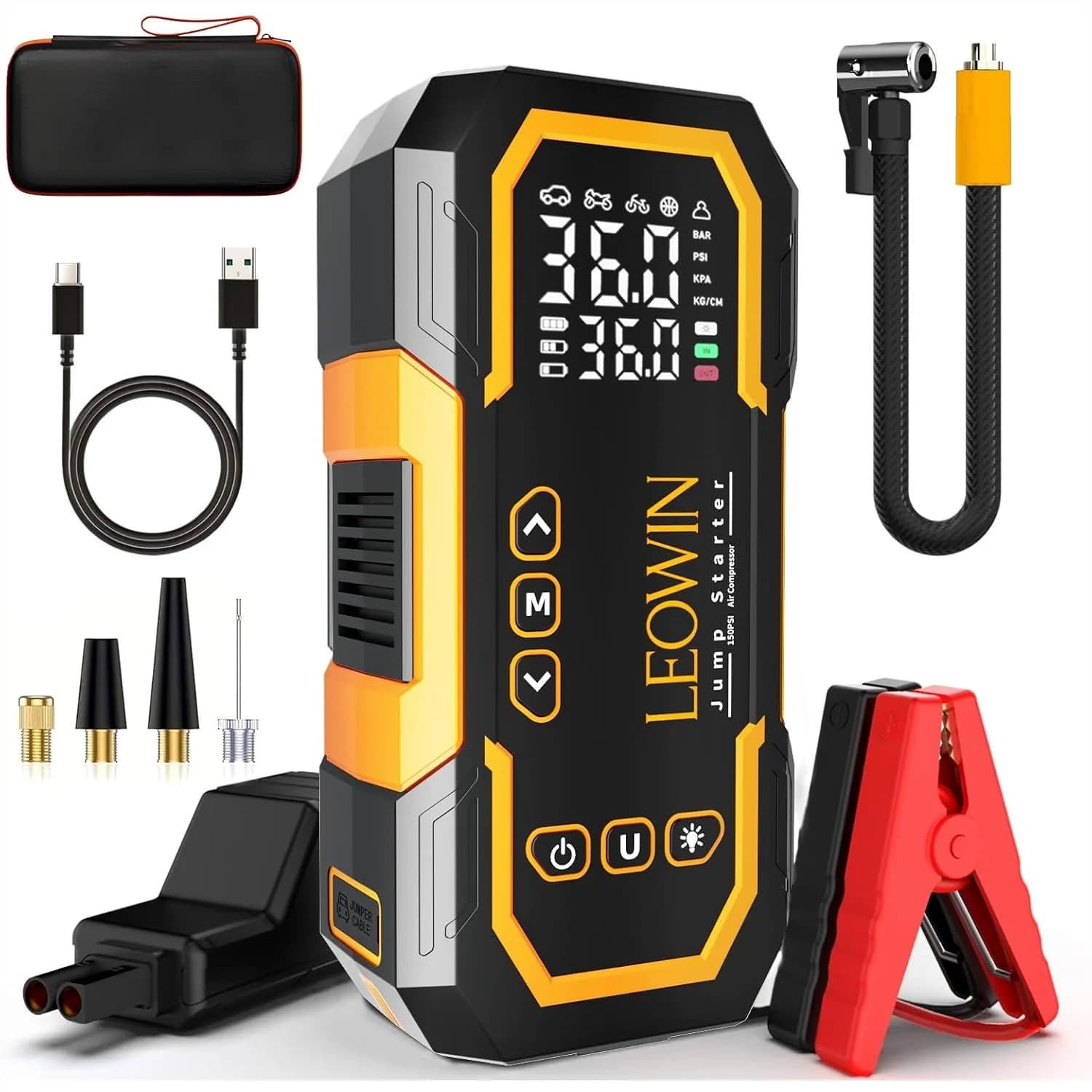 Avviatore di Emergenza con Compressore d'Aria 4500A di Picco, Avviatore Portatile per Auto 12V per Motori a Benzina 9.0L e Diesel 6.5L con Gonfiatore Pneumatici