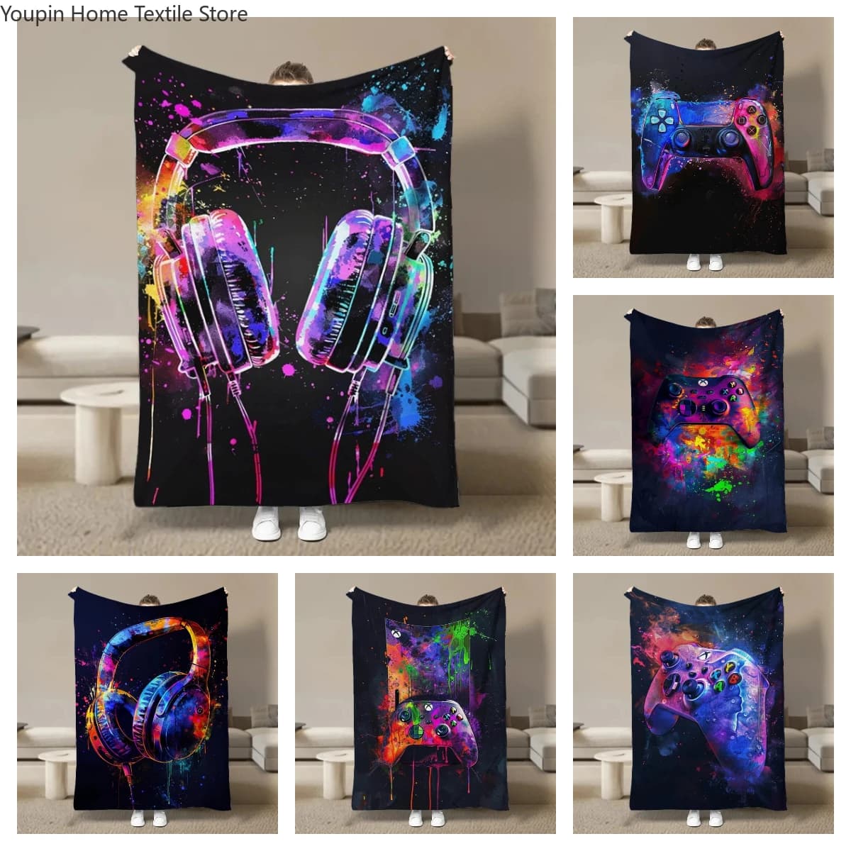 Coperta per videogiochi al neon acquerello per letto, camera da letto, divano, morbida flanella, soffice coperta da viaggio per picnic per bambini, regalo per bambini