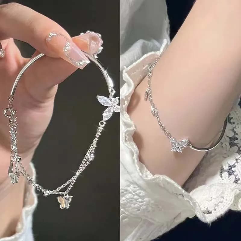 Bracciale a doppio strato con zirconi e farfalla, design unico, nuova tendenza moda 2024, per donna, raffinato bracciale con catena di cristalli.