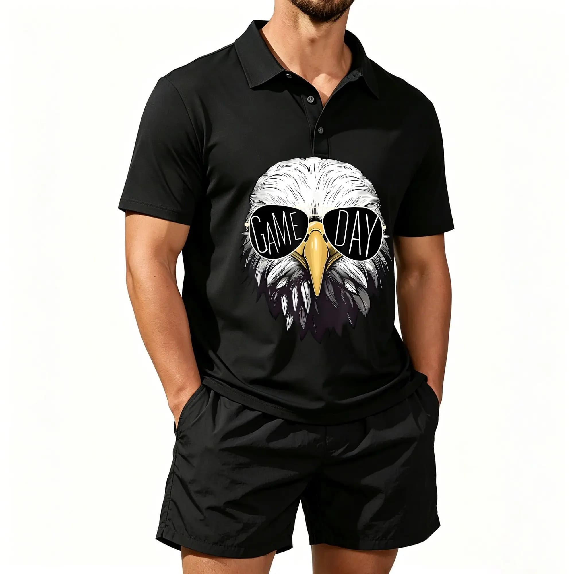 Men's Polo Shirt and Beach Shorts Set, Thanksgiving Football Touchdown Event Style, Featuring a Bald Eagle Design, Casual and Comfortable Fit
