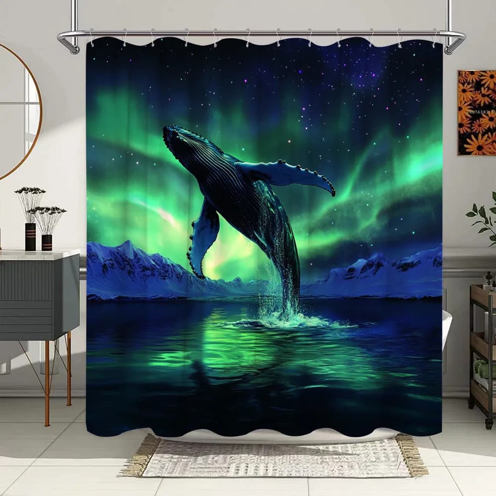 Tenda da doccia con balena artistica digitale - Violazione gobba, Aurora, Montagne enneigate, Tessuto in poliestere, Arredamento bagno