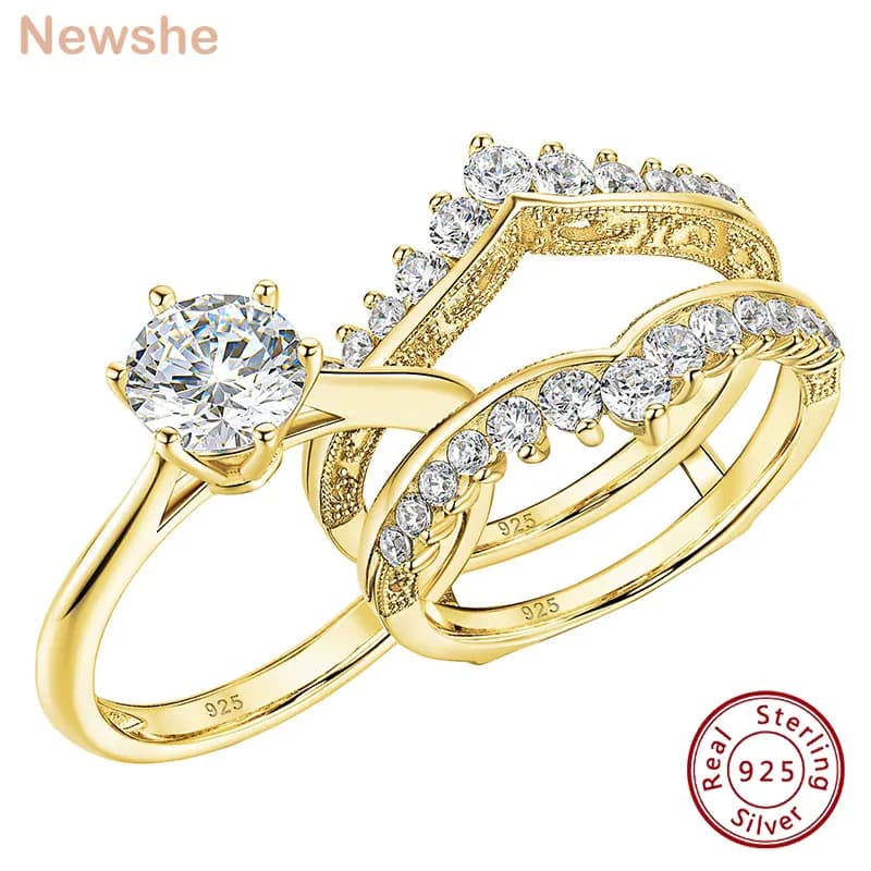 Set di Anelli da Sposa Newshe Placcati in Oro Giallo 14k per Donne, Zircone AAAAA Taglio Rotondo 2Ct, Anello per Matrimonio, Fidanzamento e Anniversario BR1167_Y