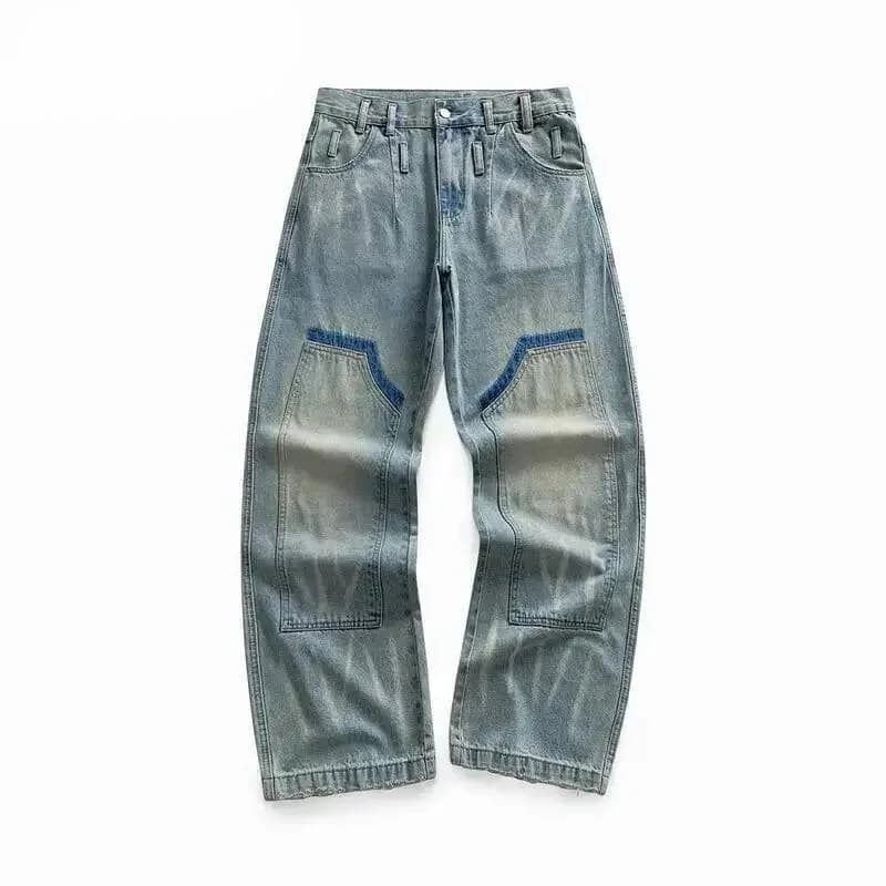 Style Men's American Trendy Jeans With Patches Vintage Blue Washed Distressed Straight Leg Lumberjack Denim Pants A70I