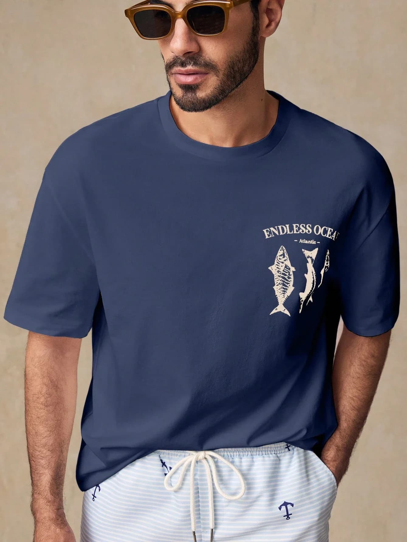 T-shirt da uomo oversize con stampa di pesci, girocollo, maniche corte, blu, casual, estiva