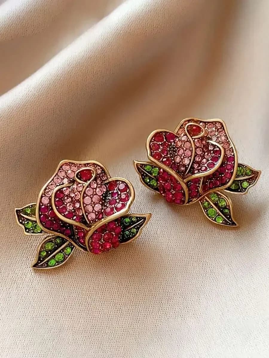Vintage Rhinestone Rose Flower Stud Earrings For Women