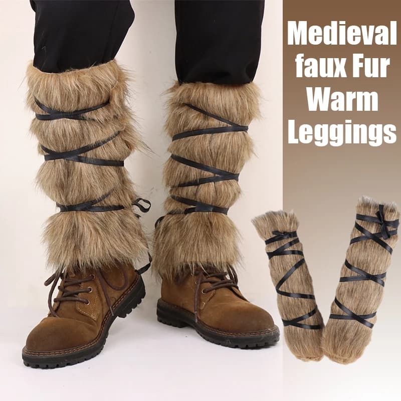 Medievale Imitazione Pelliccia Leggings Caldi Leggings pelosi Stivali Cosplay Vichinghi Cavaliere Vestire Coprigambe Cacciatore Pirata Puntelli Cosplay