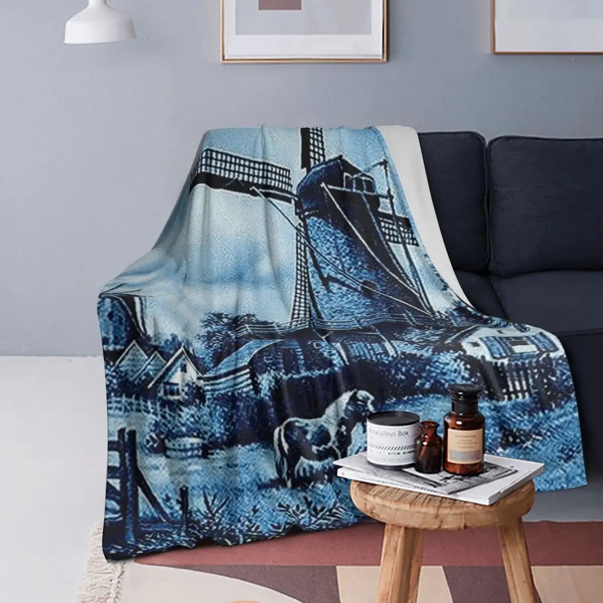 Dutch Blue Delft Vintage Windmill Blankets Soft Warm Flannel Throw Blanket Bedspread for Bed Living room Picnic Travel Home Sofa