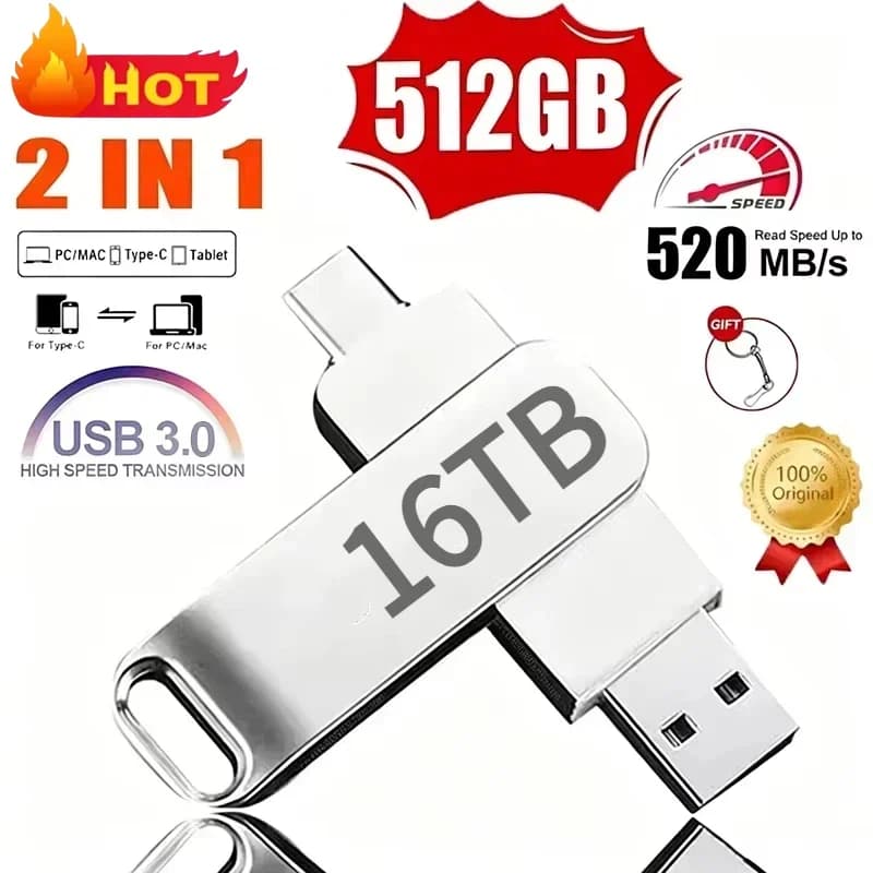 16TB USB 3.3 Flash Drive Metal High-Speed Pen Drive 8TB 4TB Waterproof Type-C USB Pen Drive For Computer Storage Devices