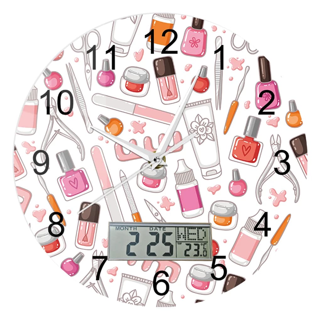 Orologio da Parete a Tema Salone di Bellezza con Display LCD per Data, Settimana e Temperatura, per Studio Unghie, Salone di Bellezza, Strumenti per Manicure, Orologio da Parete per Nail Artist
