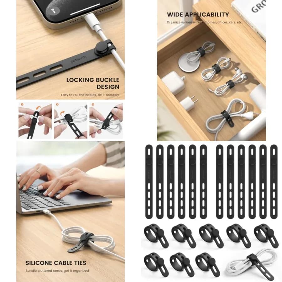 Fascette in silicone per cavi, accessori organizer da scrivania, fascette riutilizzabili per la gestione dei cavi con fibbia di bloccaggio, cavo regolabile per caricabatterie